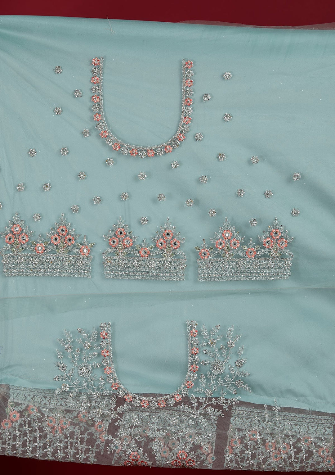 Sea Green Silver Stonework Net Designer Semi-Stitched Lehenga - Koskii