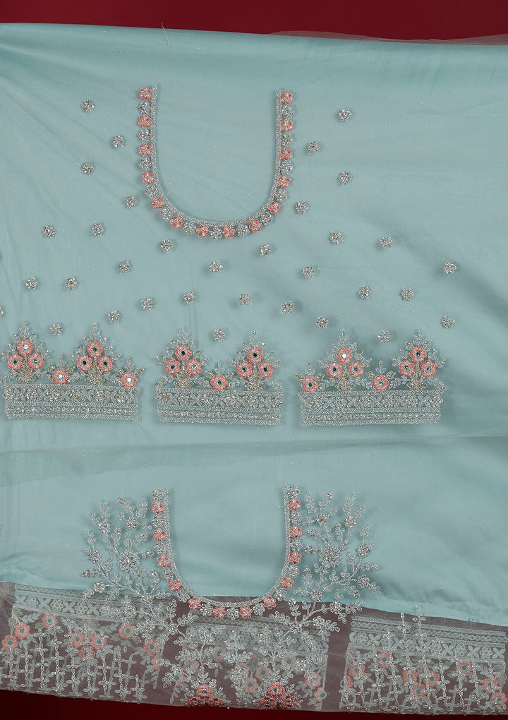 Sea Green Silver Stonework Net Designer Semi-Stitched Lehenga - Koskii