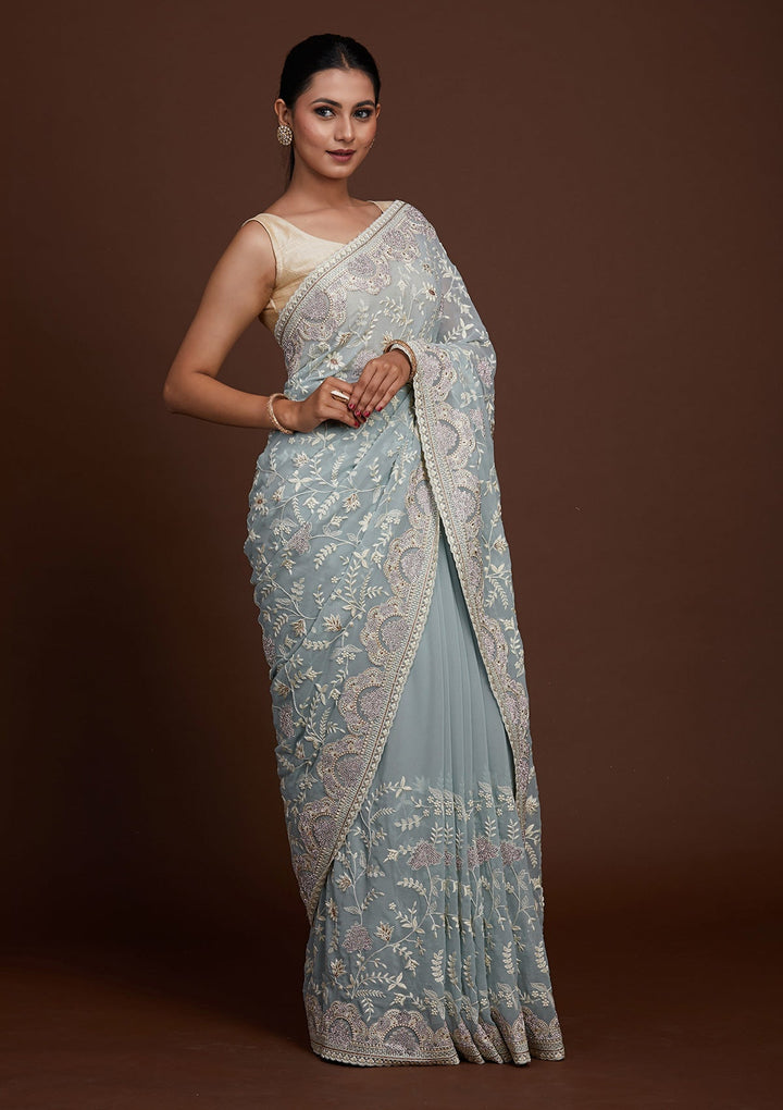Sea Green Silver Stonework Net Saree-Koskii