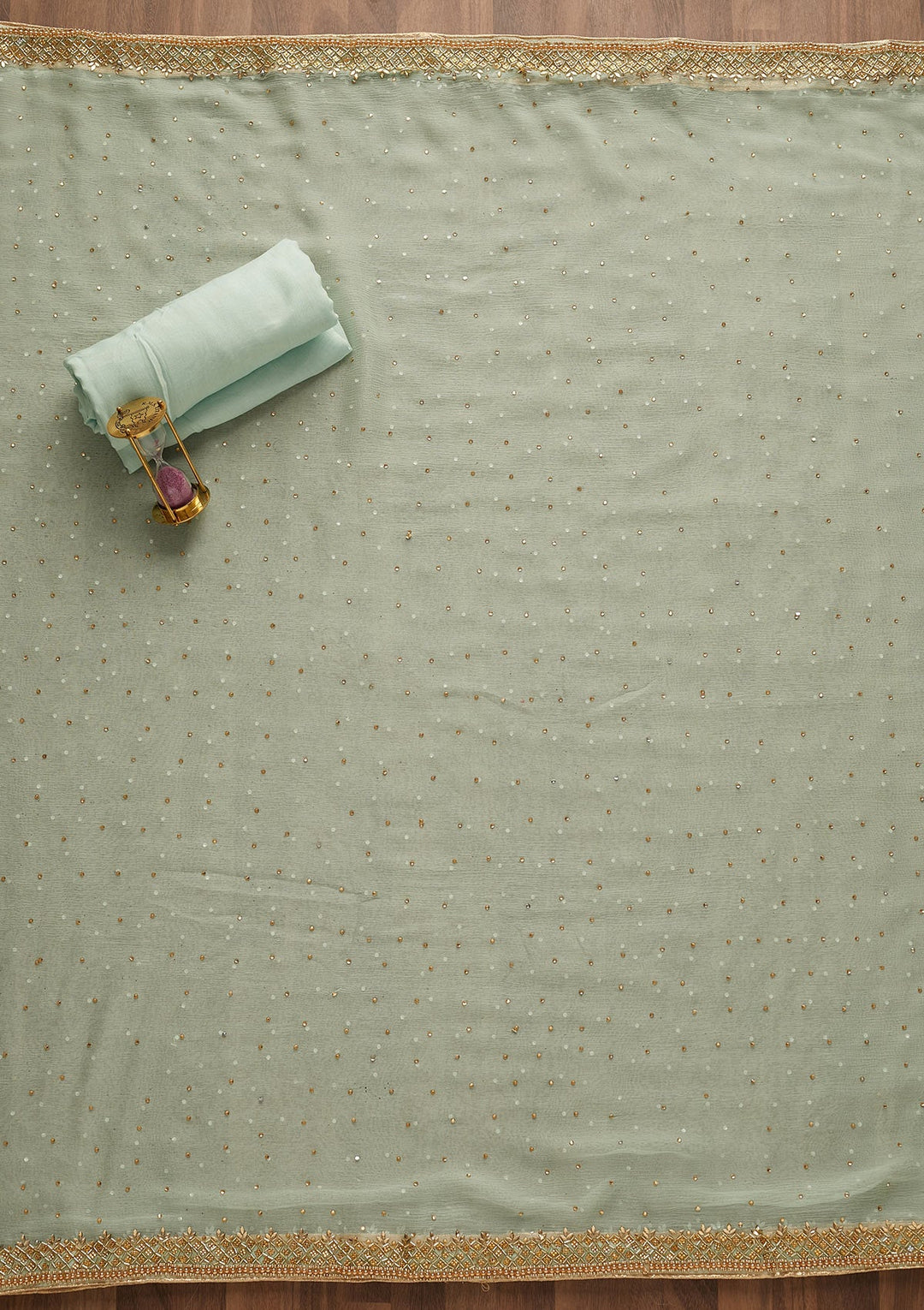 Sea Green Silver Stonework Raw Silk Unstitched Salwar Suit-Koskii