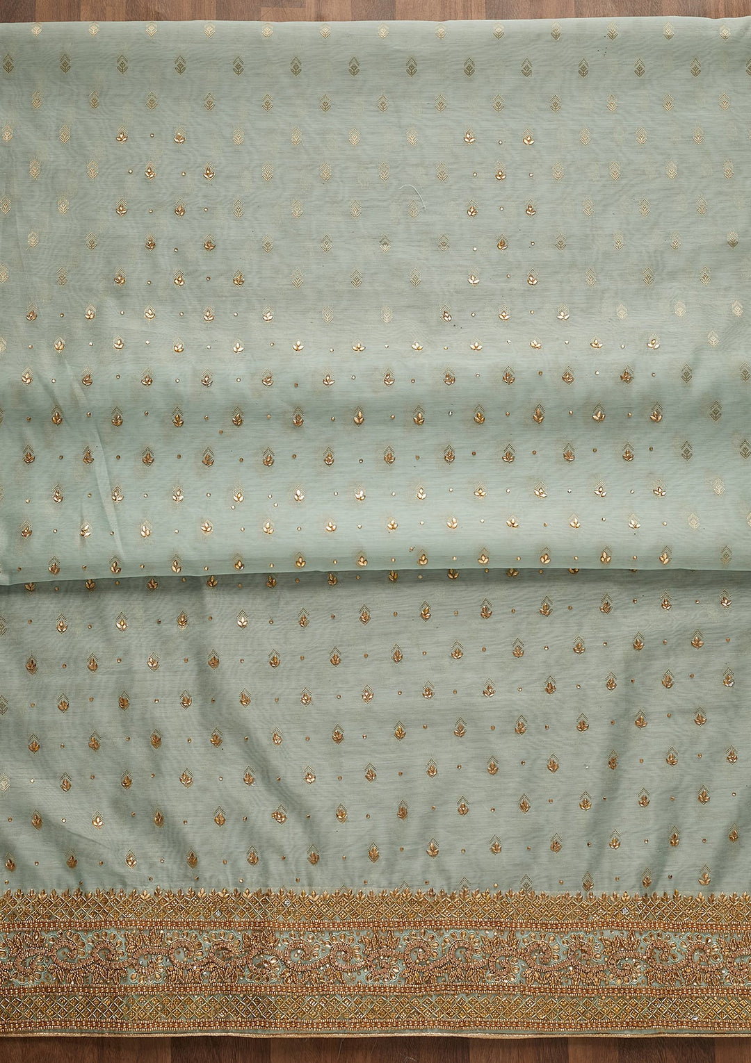 Sea Green Silver Stonework Raw Silk Unstitched Salwar Suit-Koskii