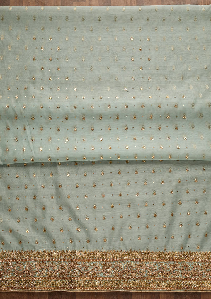 Sea Green Silver Stonework Raw Silk Unstitched Salwar Suit-Koskii