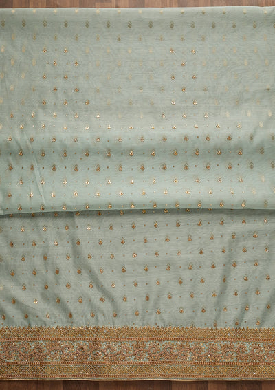 Sea Green Silver Stonework Raw Silk Unstitched Salwar Suit-Koskii