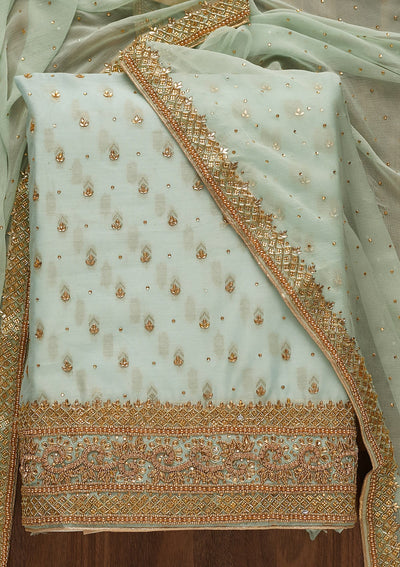 Sea Green Silver Stonework Raw Silk Unstitched Salwar Suit-Koskii