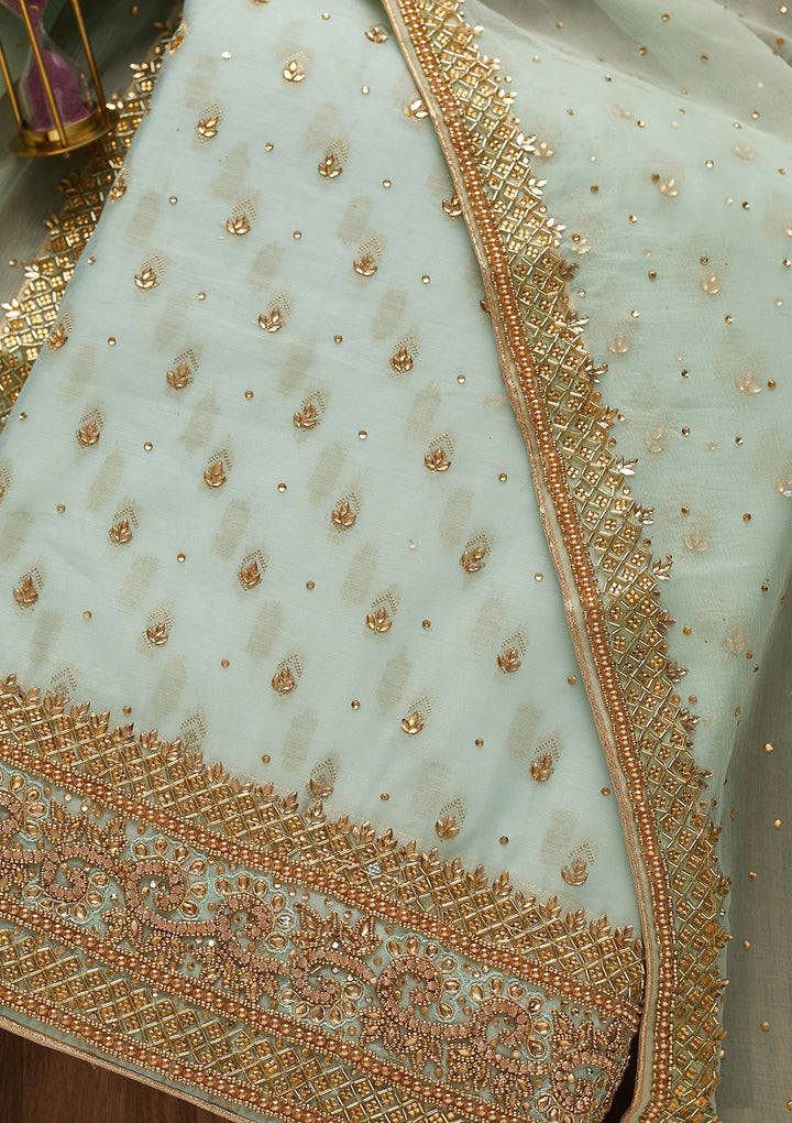 Sea Green Silver Stonework Raw Silk Unstitched Salwar Suit-Koskii