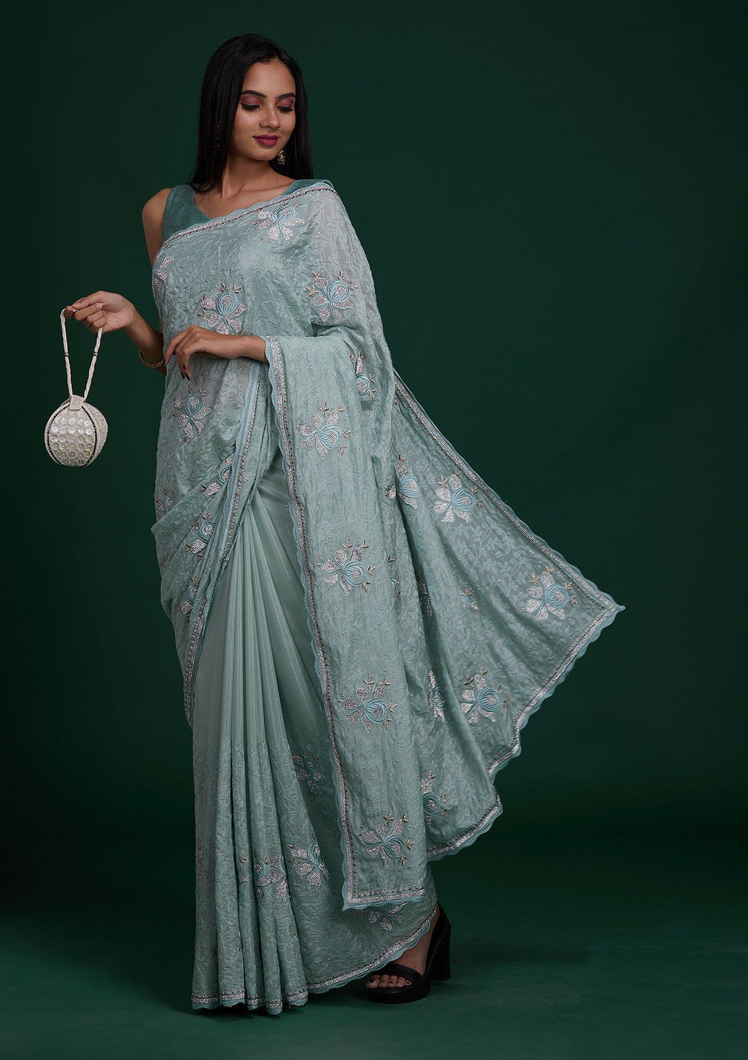 Sea Green Silver Stonework Tissue Saree - Koskii
