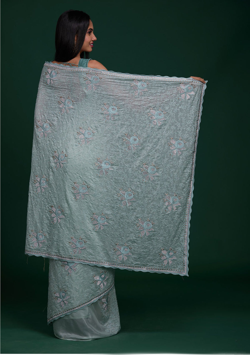 Sea Green Silver Stonework Tissue Saree - Koskii