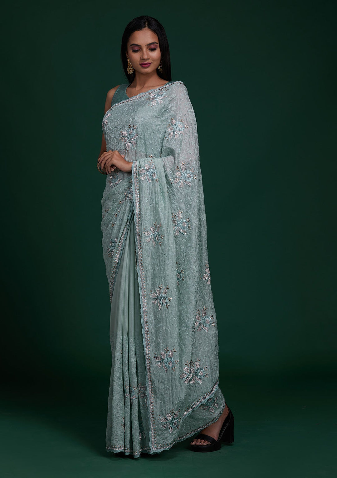 Sea Green Silver Stonework Tissue Saree - Koskii
