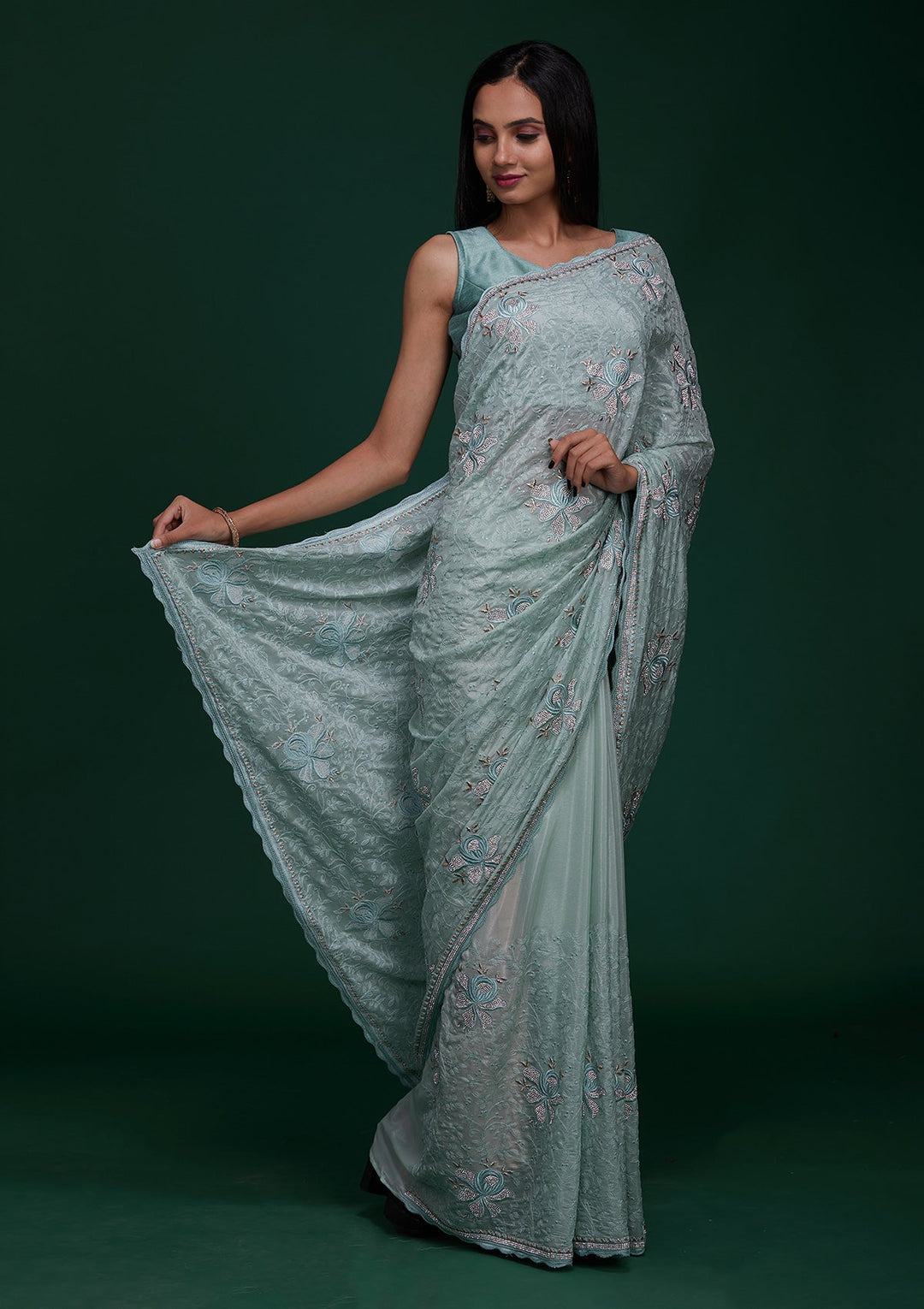 Sea Green Silver Stonework Tissue Saree - Koskii