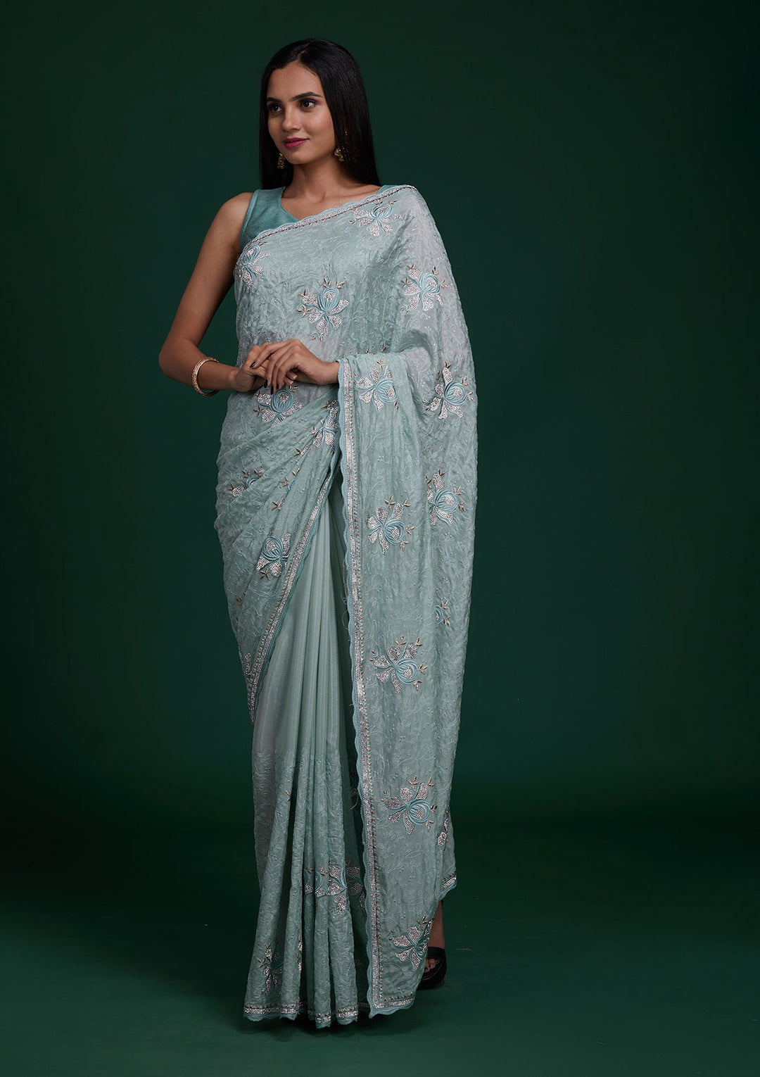 Sea Green Silver Stonework Tissue Saree - Koskii