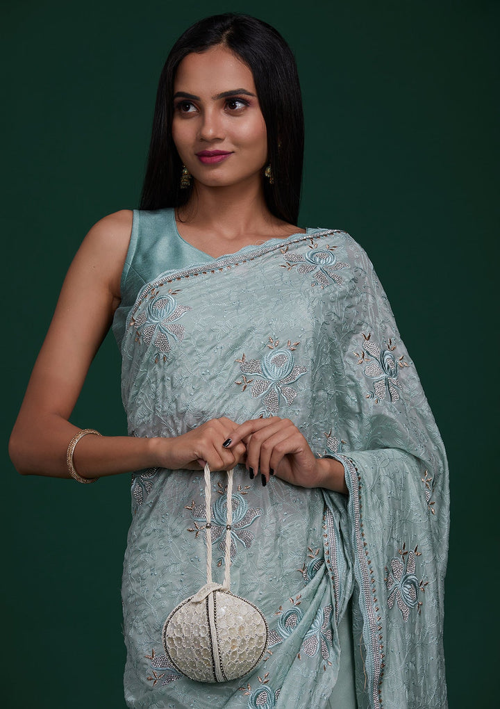 Sea Green Silver Stonework Tissue Saree - Koskii