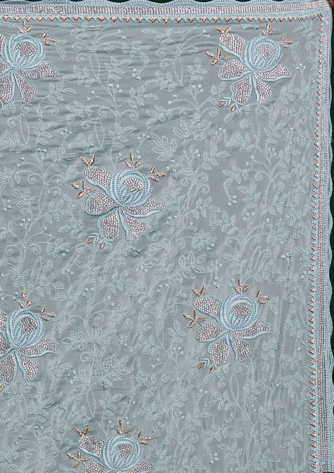 Sea Green Silver Stonework Tissue Saree - Koskii