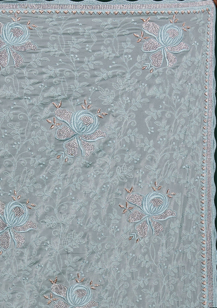 Sea Green Silver Stonework Tissue Saree - Koskii