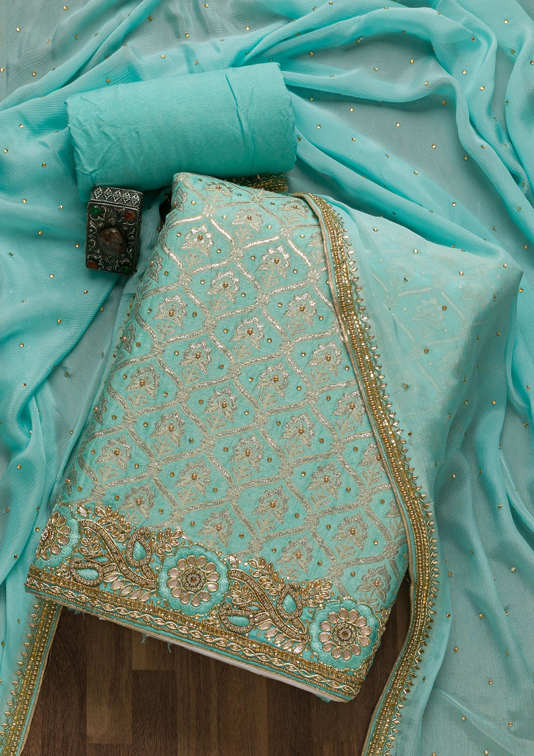 Sea Green Stonework Chanderi Unstitched Salwar Suit-Koskii