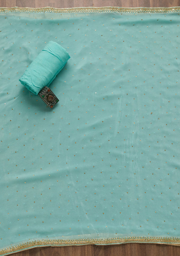 Sea Green Stonework Chanderi Unstitched Salwar Suit-Koskii