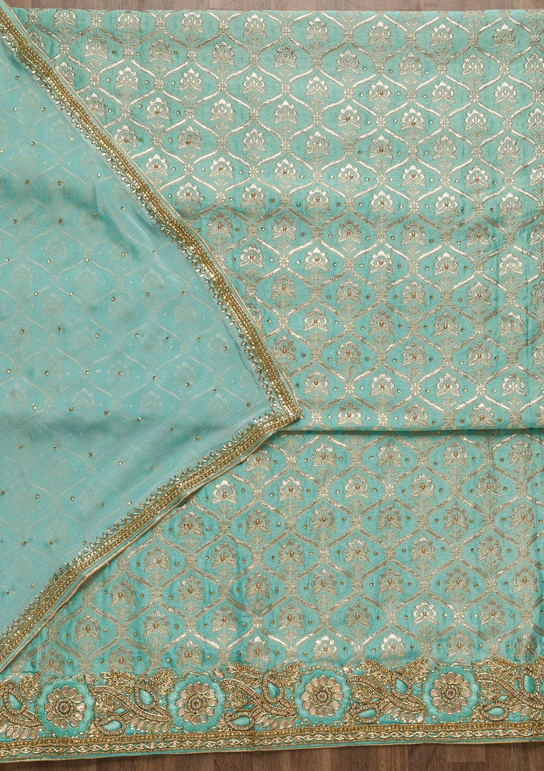 Sea Green Stonework Chanderi Unstitched Salwar Suit-Koskii