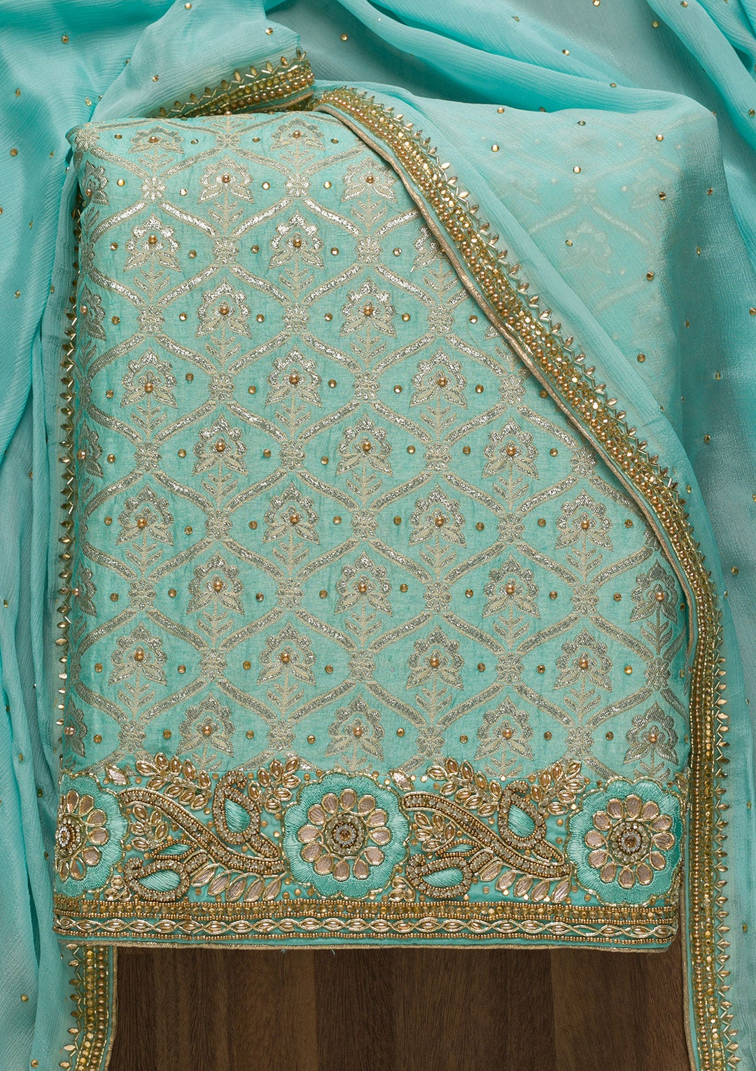 Sea Green Stonework Chanderi Unstitched Salwar Suit-Koskii
