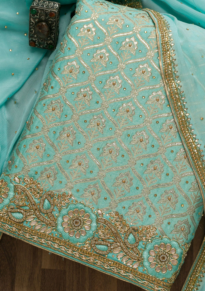 Sea Green Stonework Chanderi Unstitched Salwar Suit-Koskii