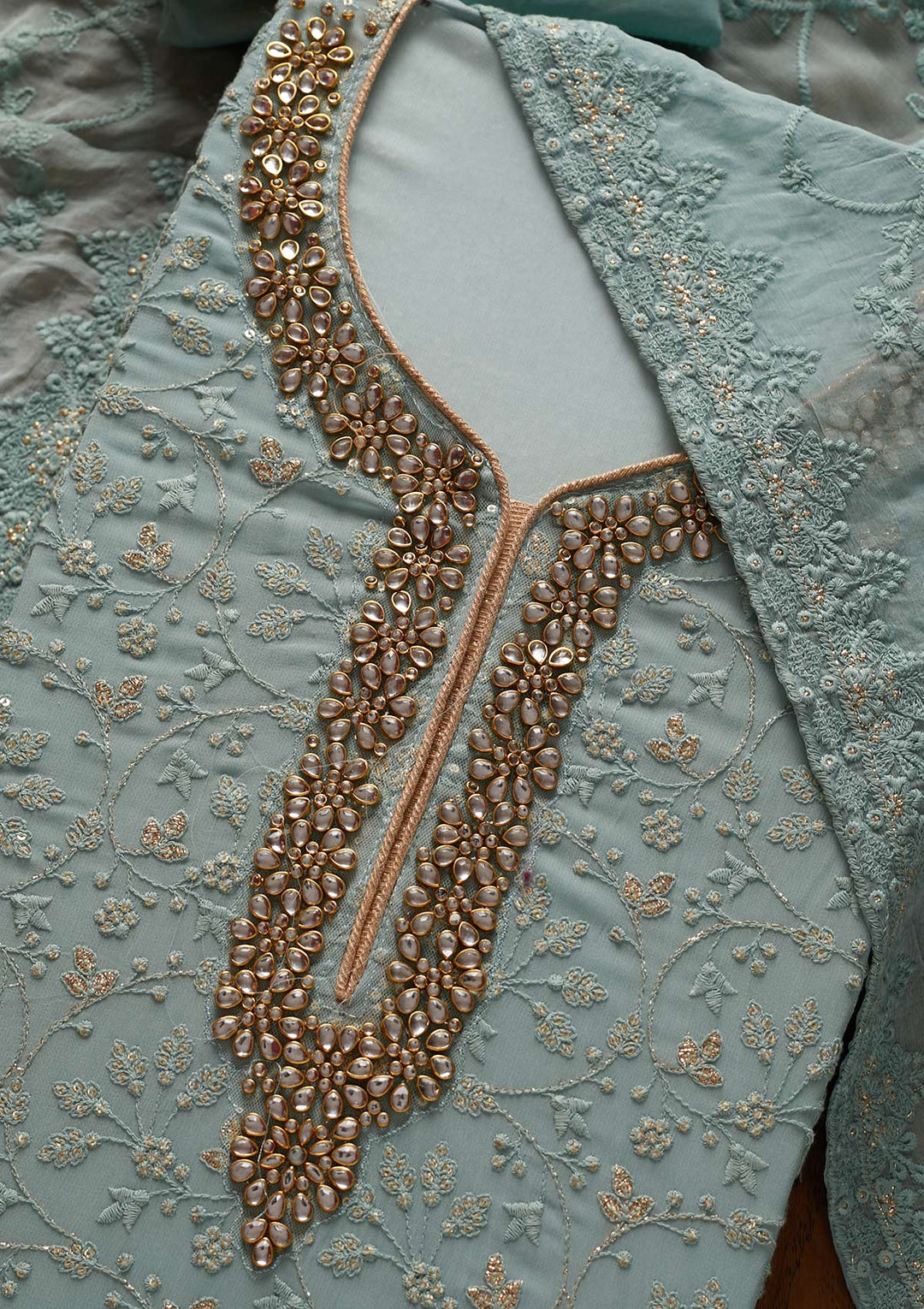 Sea Green Stonework Georgette Designer Unstitched Salwar Suit - koskii