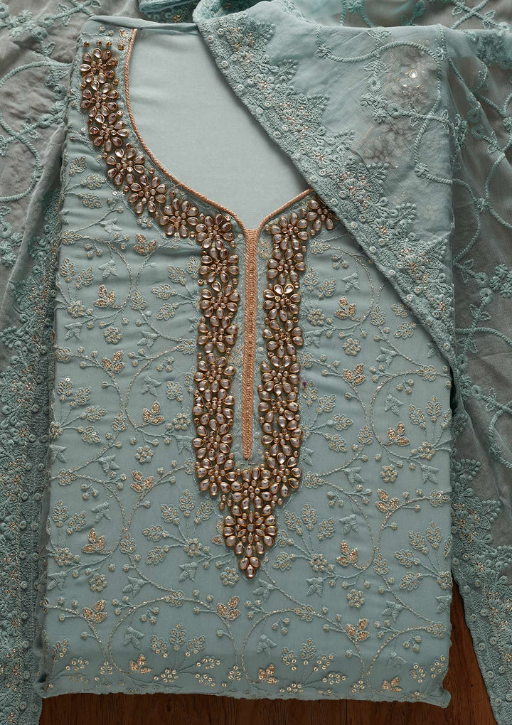 Sea Green Stonework Georgette Designer Unstitched Salwar Suit - koskii
