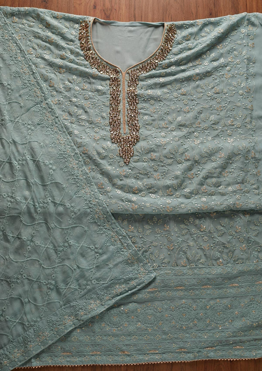 Sea Green Stonework Georgette Designer Unstitched Salwar Suit - koskii