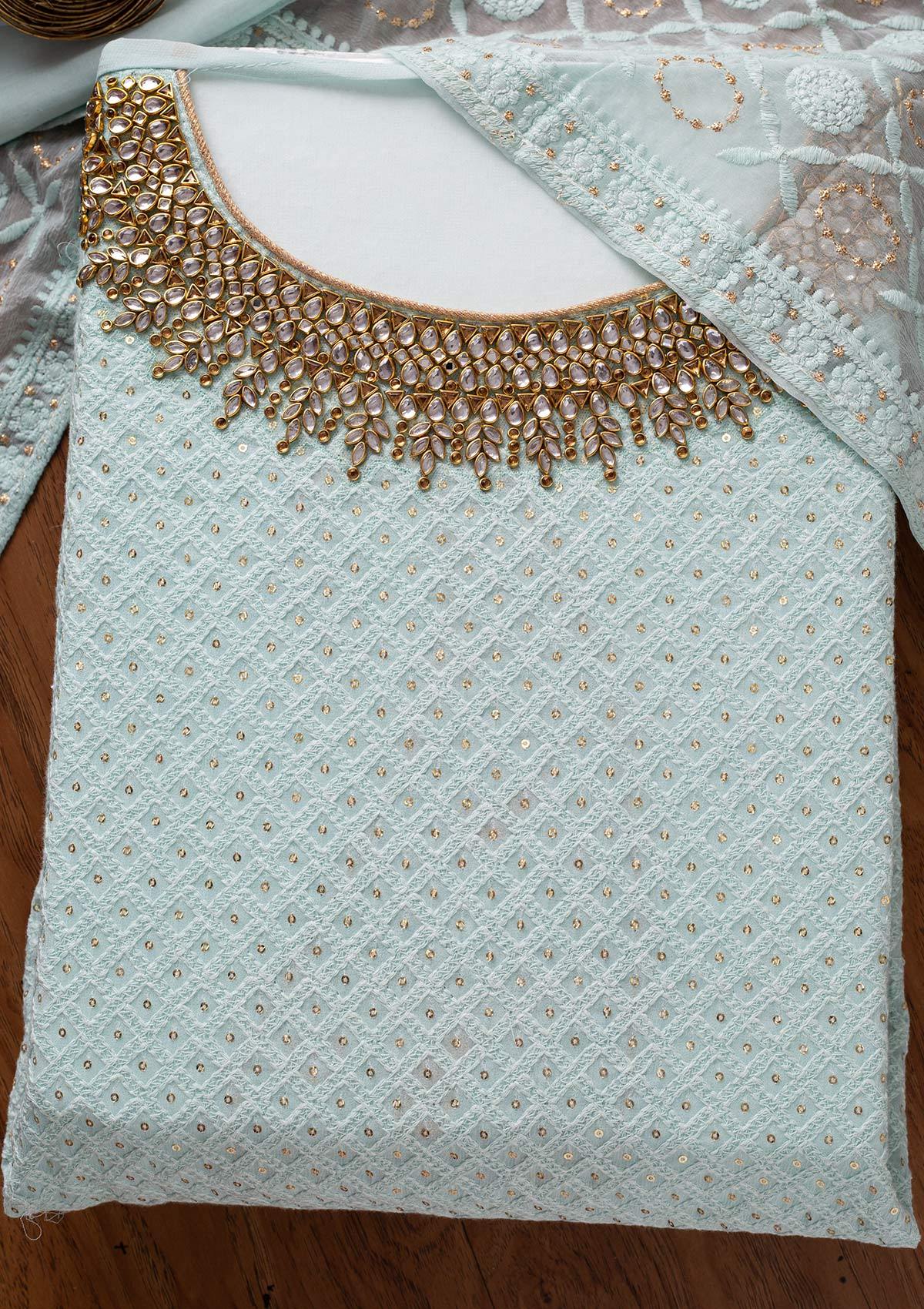 Sky Blue Stonework Georgette Unstitched Salwar Suit - Koskii