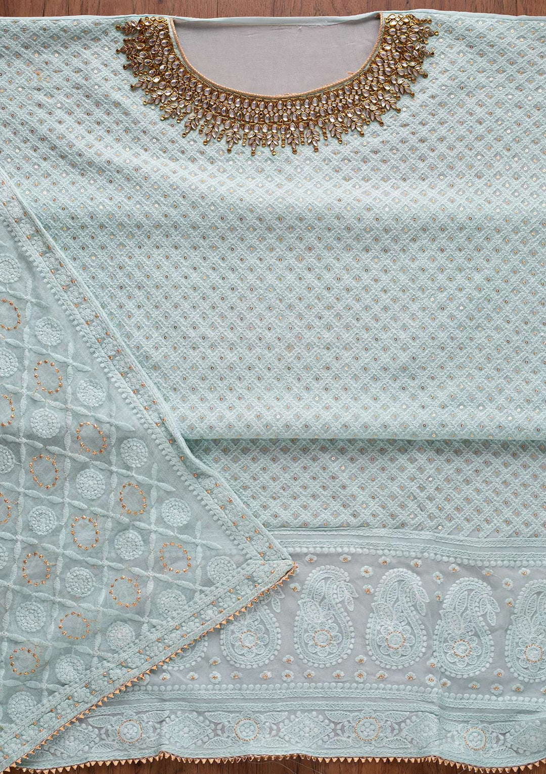 Sky Blue Stonework Georgette Unstitched Salwar Suit - Koskii