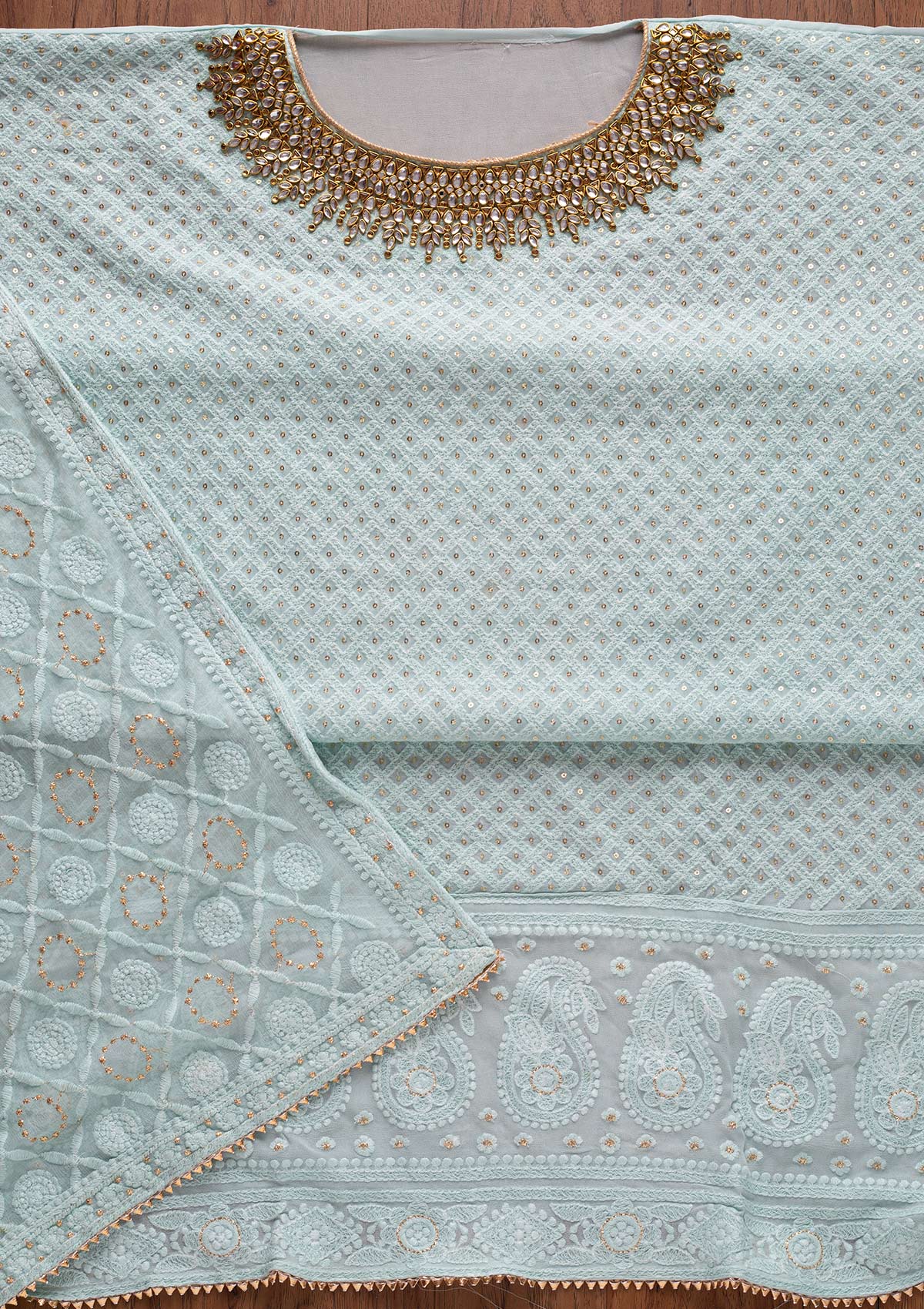 Sky Blue Stonework Georgette Unstitched Salwar Suit - Koskii