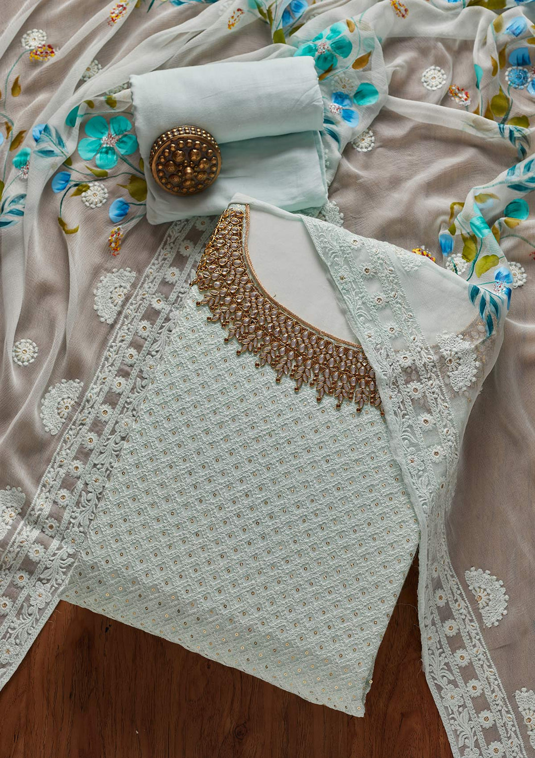 Sea Green Stonework Georgette Designer Unstitched Salwar Suit - koskii
