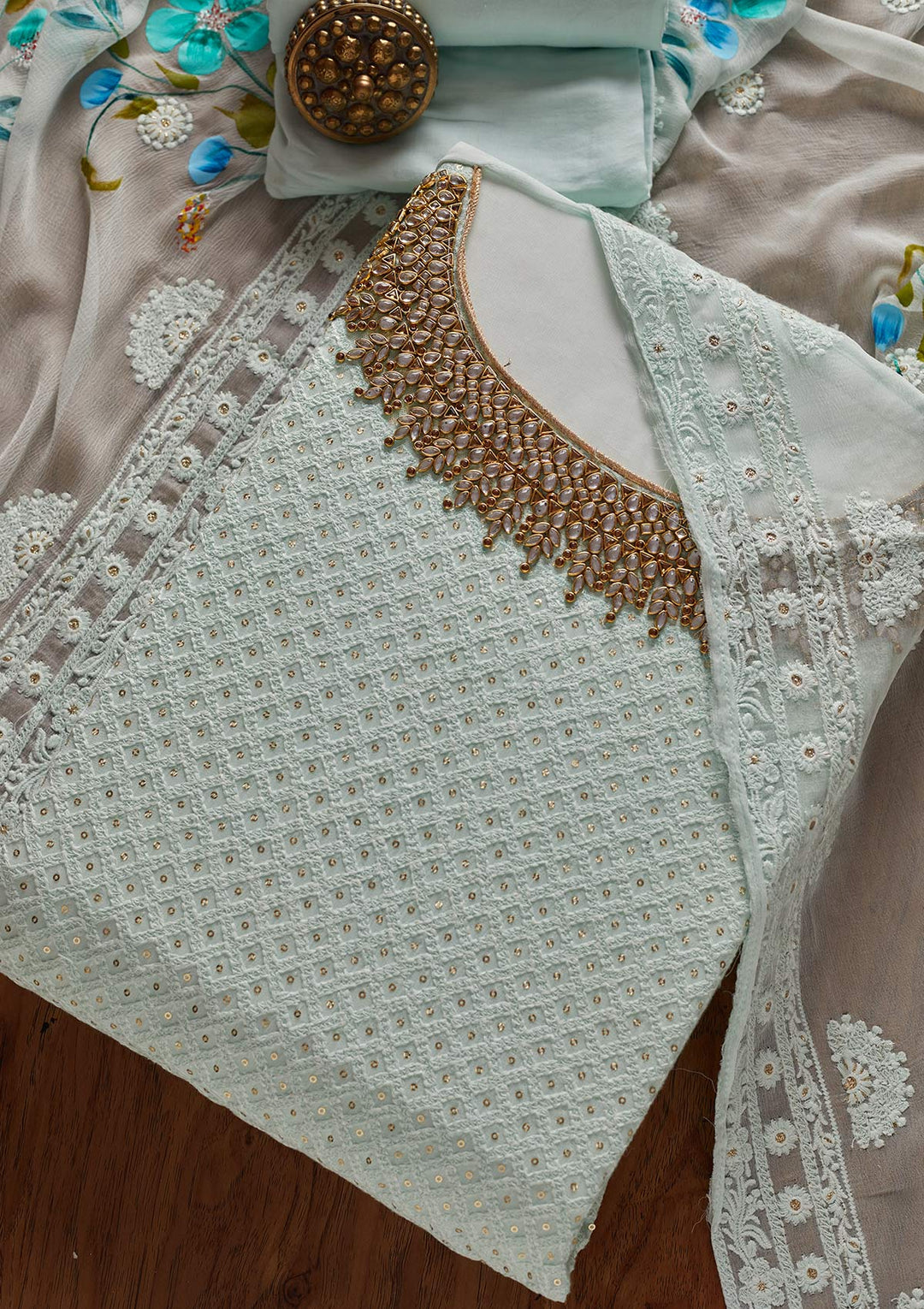 Sea Green Stonework Georgette Designer Unstitched Salwar Suit - koskii