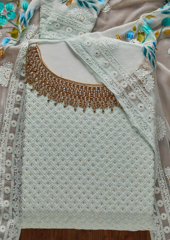 Sea Green Stonework Georgette Designer Unstitched Salwar Suit - koskii