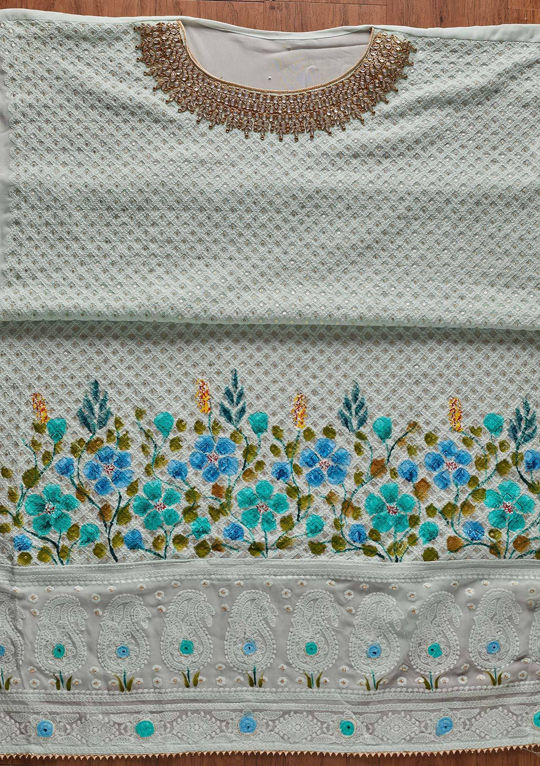 Sea Green Stonework Georgette Designer Unstitched Salwar Suit - koskii