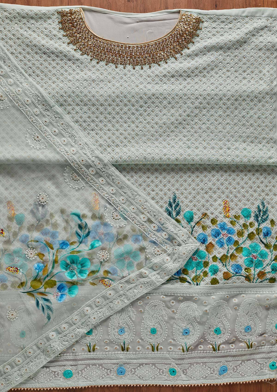 Sea Green Stonework Georgette Designer Unstitched Salwar Suit - koskii