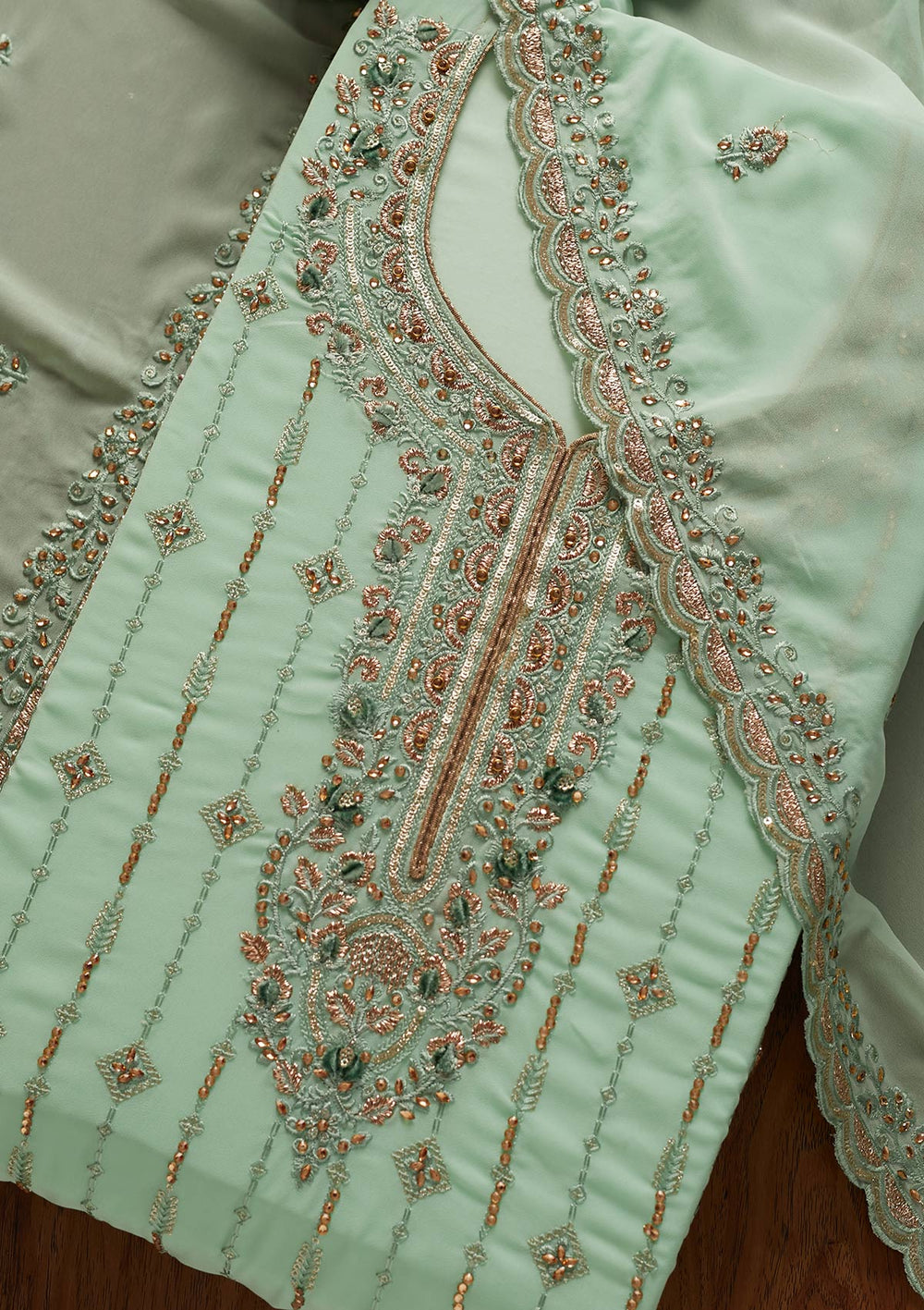 Sea Green Stonework Georgette Designer Unstitched Salwar Suit - koskii