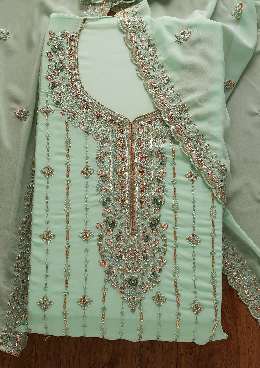 Sea Green Stonework Georgette Designer Unstitched Salwar Suit - koskii