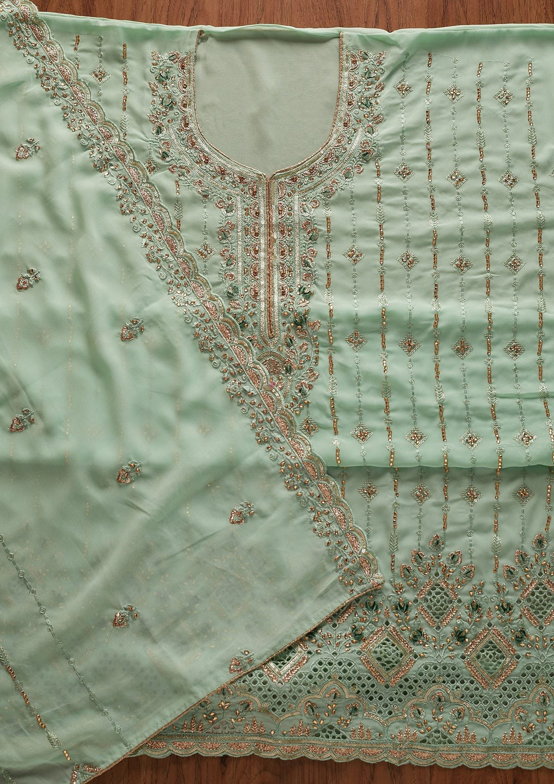 Sea Green Stonework Georgette Designer Unstitched Salwar Suit - koskii