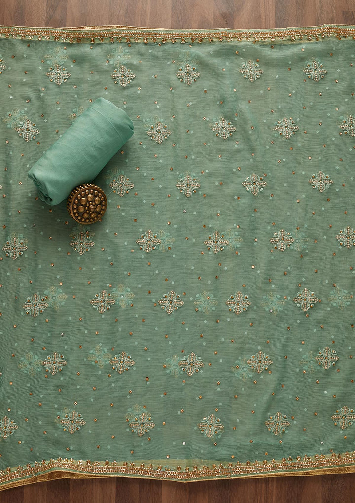 Sea Green Stonework Georgette Designer Unstitched Salwar Suit - Koskii