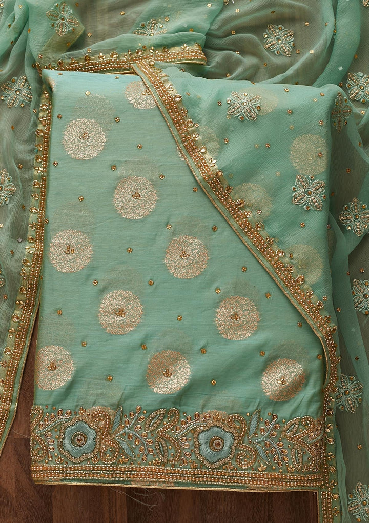 Sea Green Stonework Georgette Designer Unstitched Salwar Suit - Koskii
