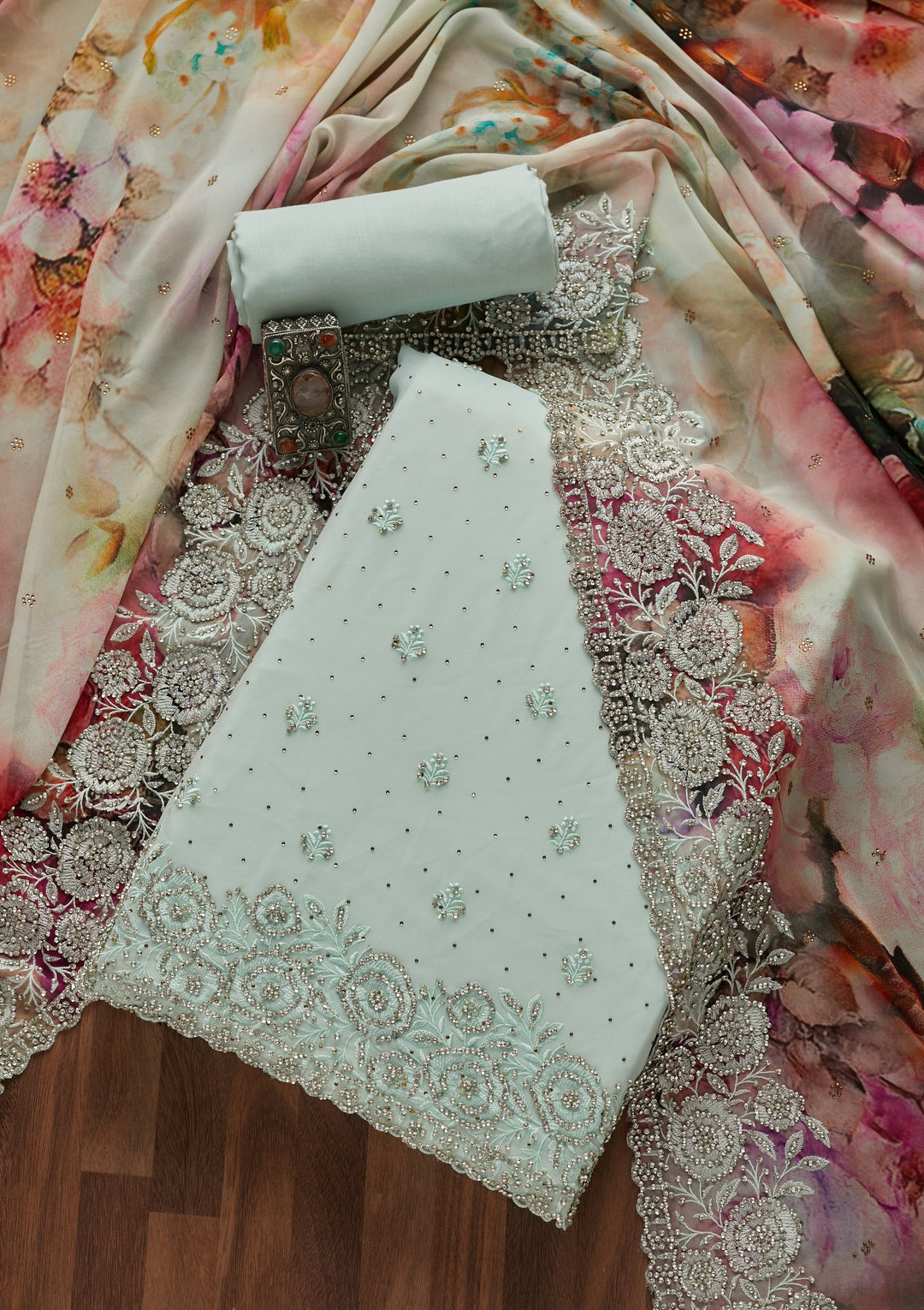 Sea Green Stonework Georgette Unstitched Salwar Suit- Koskii