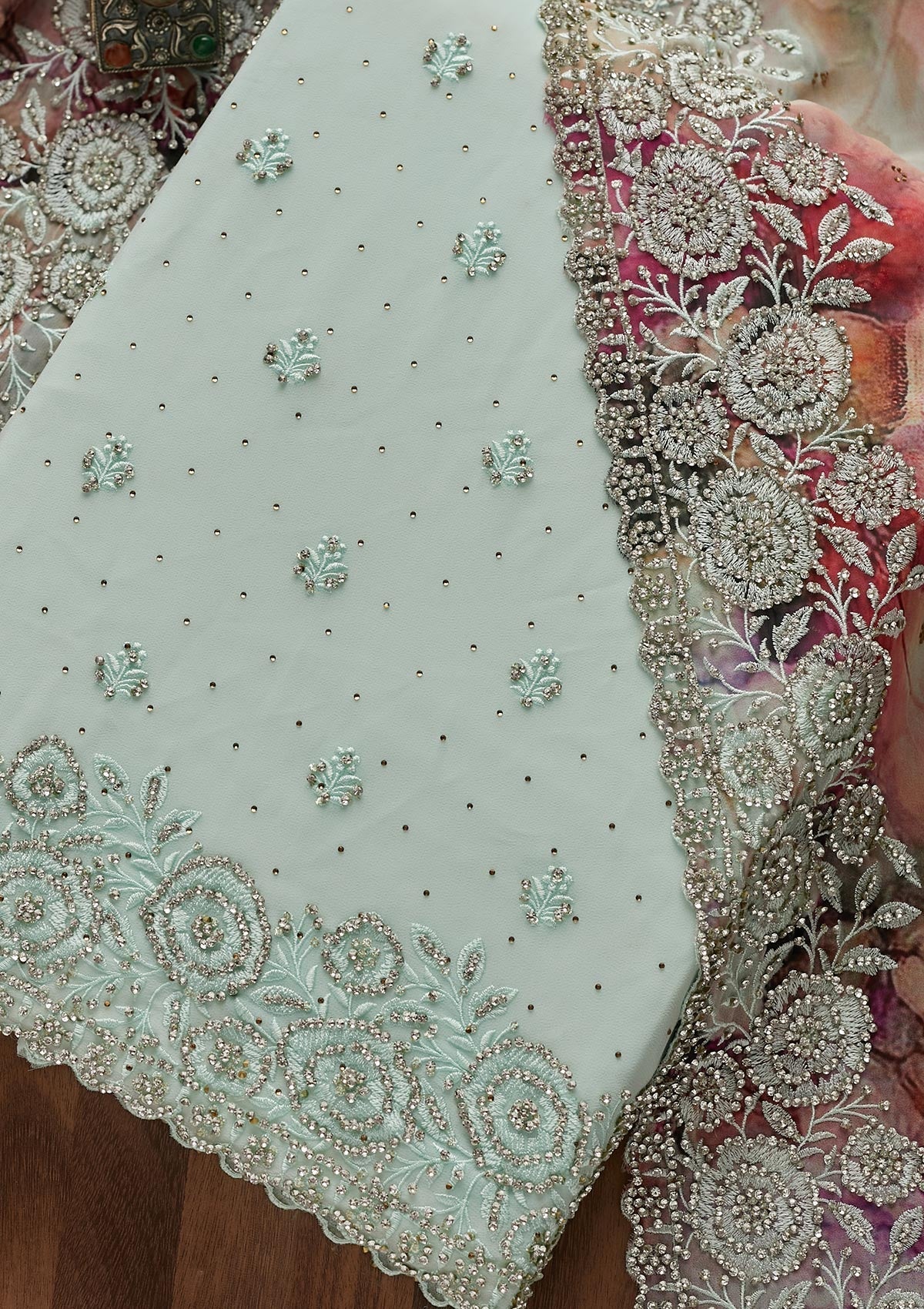 Sea Green Stonework Georgette Unstitched Salwar Suit - Koskii