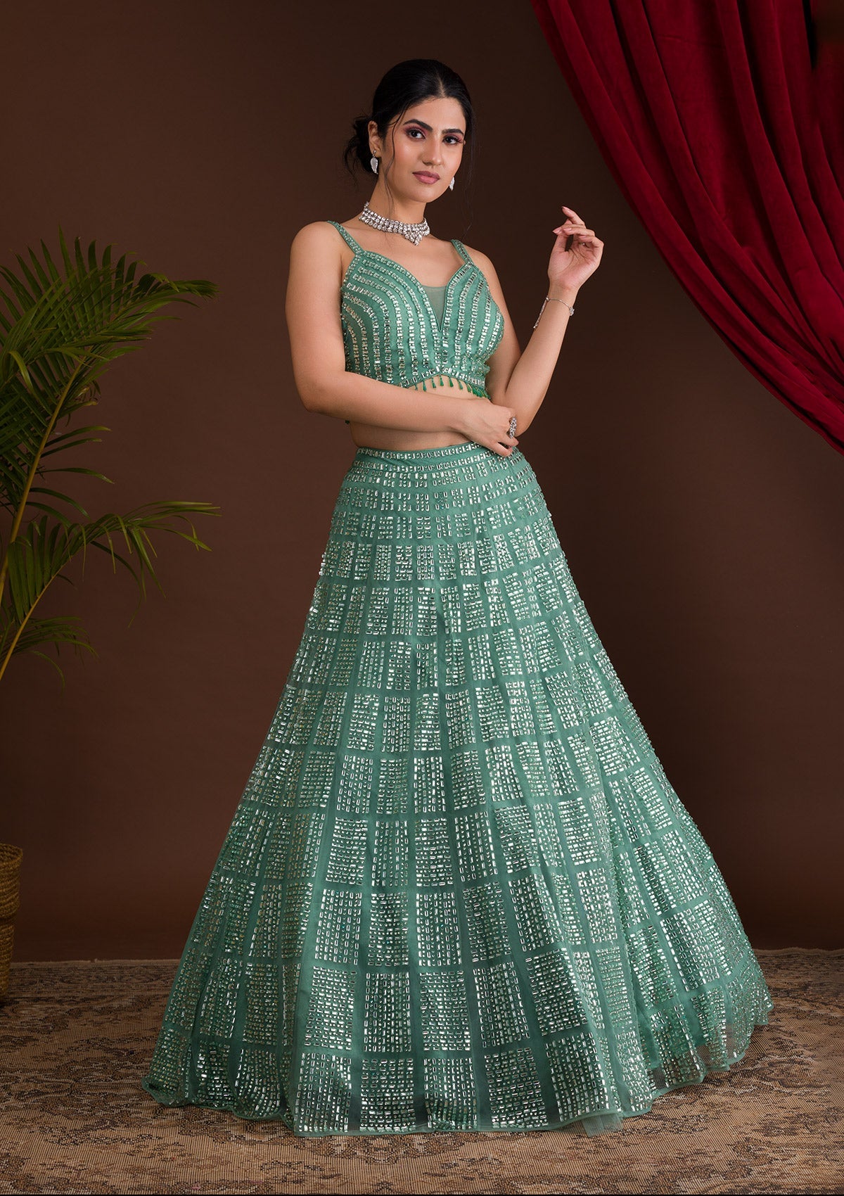Sea Green Stonework Net Readymade Lehenga-Koskii