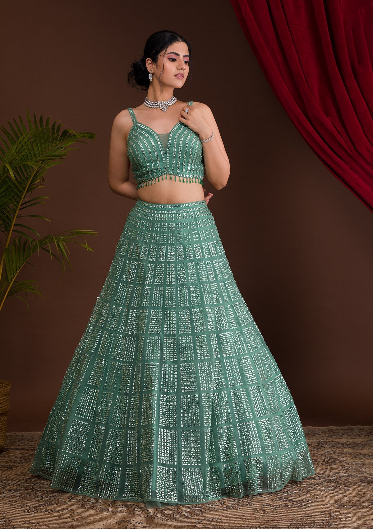 Sea Green Stonework Net Readymade Lehenga-Koskii
