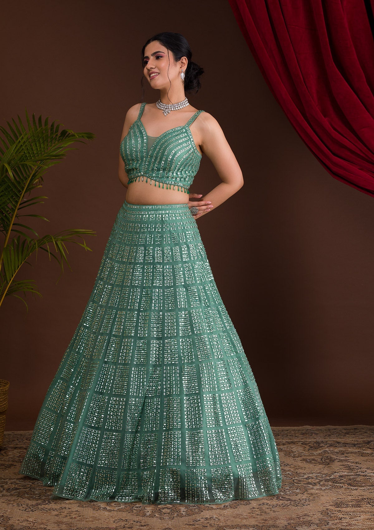 Sea Green Stonework Net Readymade Lehenga-Koskii