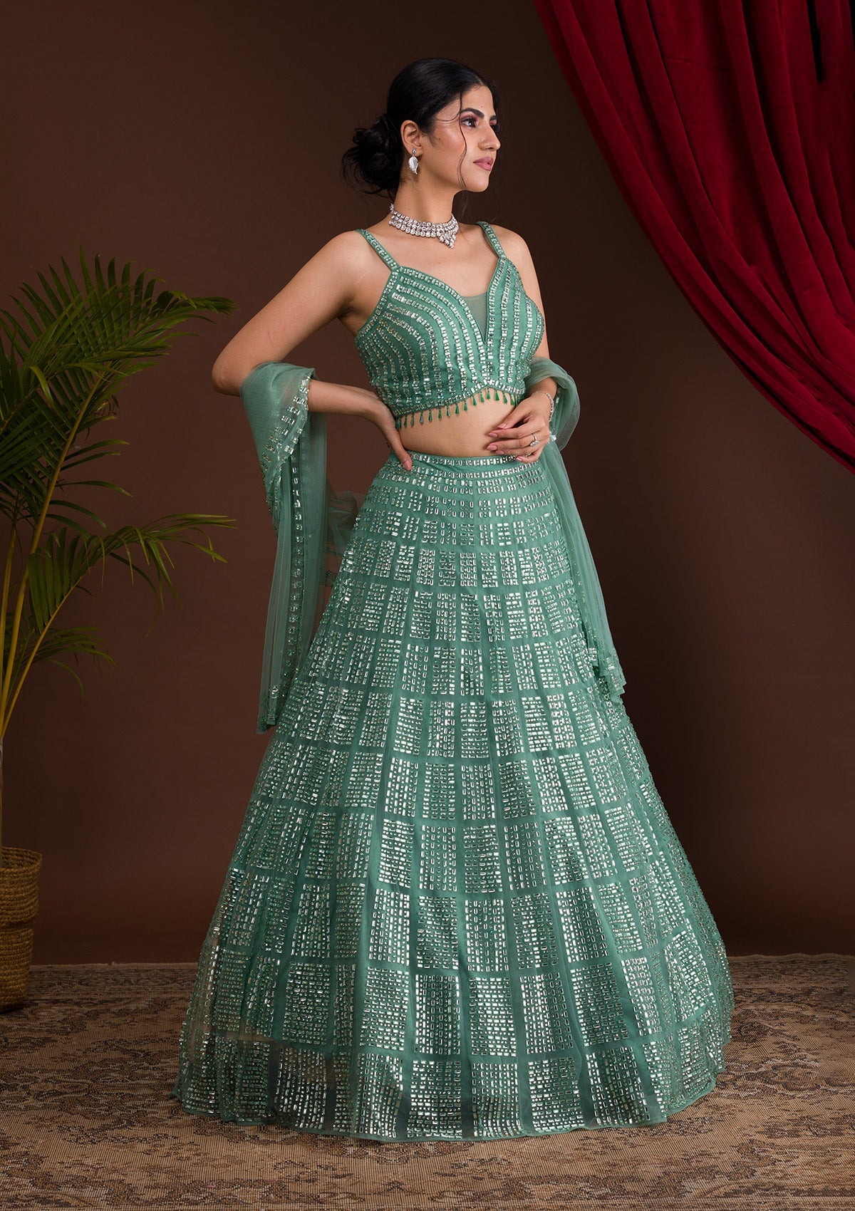 Sea Green Stonework Net Readymade Lehenga-Koskii