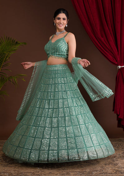 Sea Green Stonework Net Readymade Lehenga-Koskii