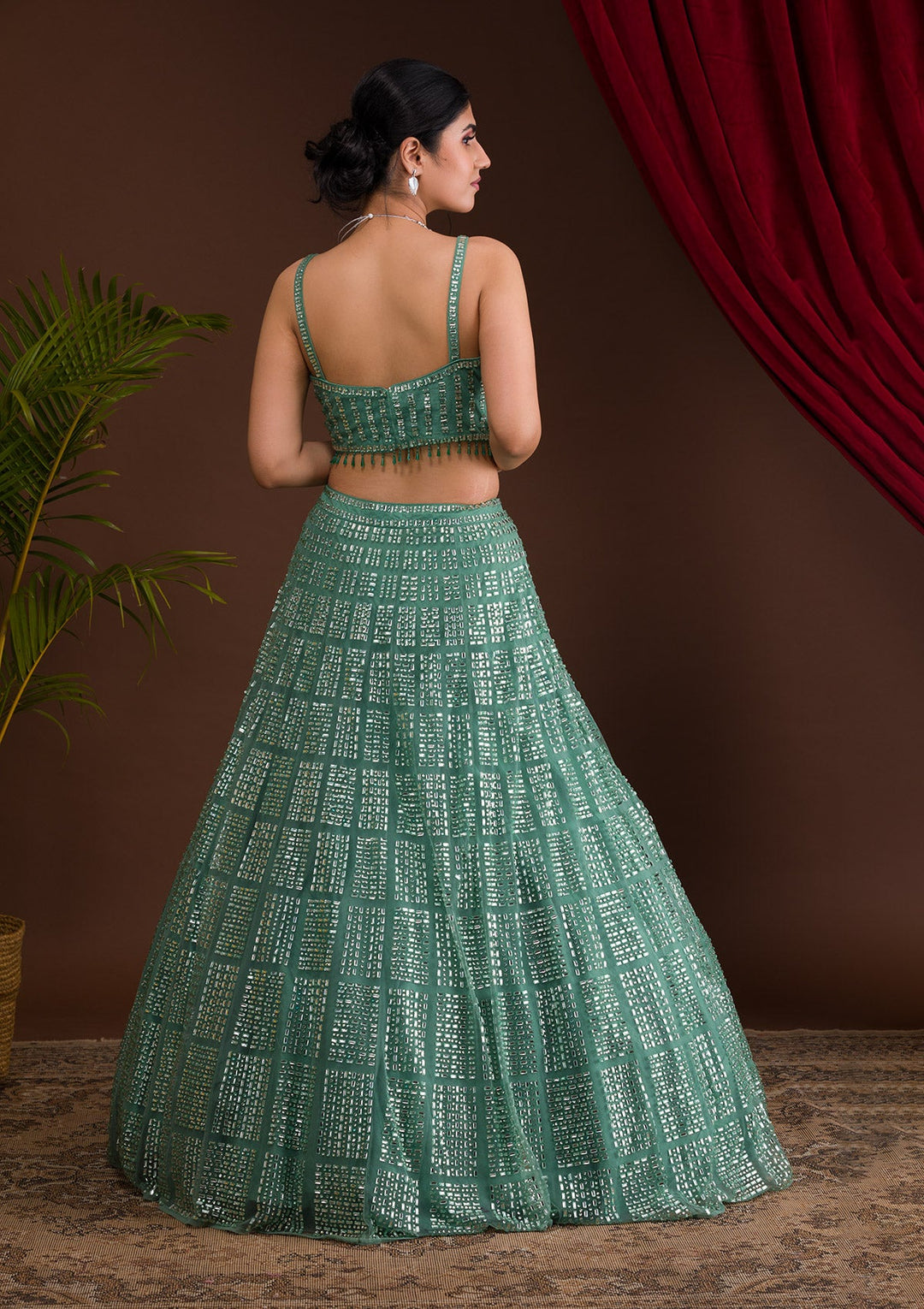 Sea Green Stonework Net Readymade Lehenga-Koskii
