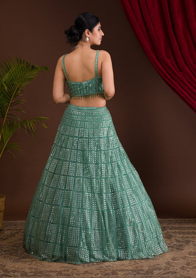 Sea Green Stonework Net Readymade Lehenga-Koskii