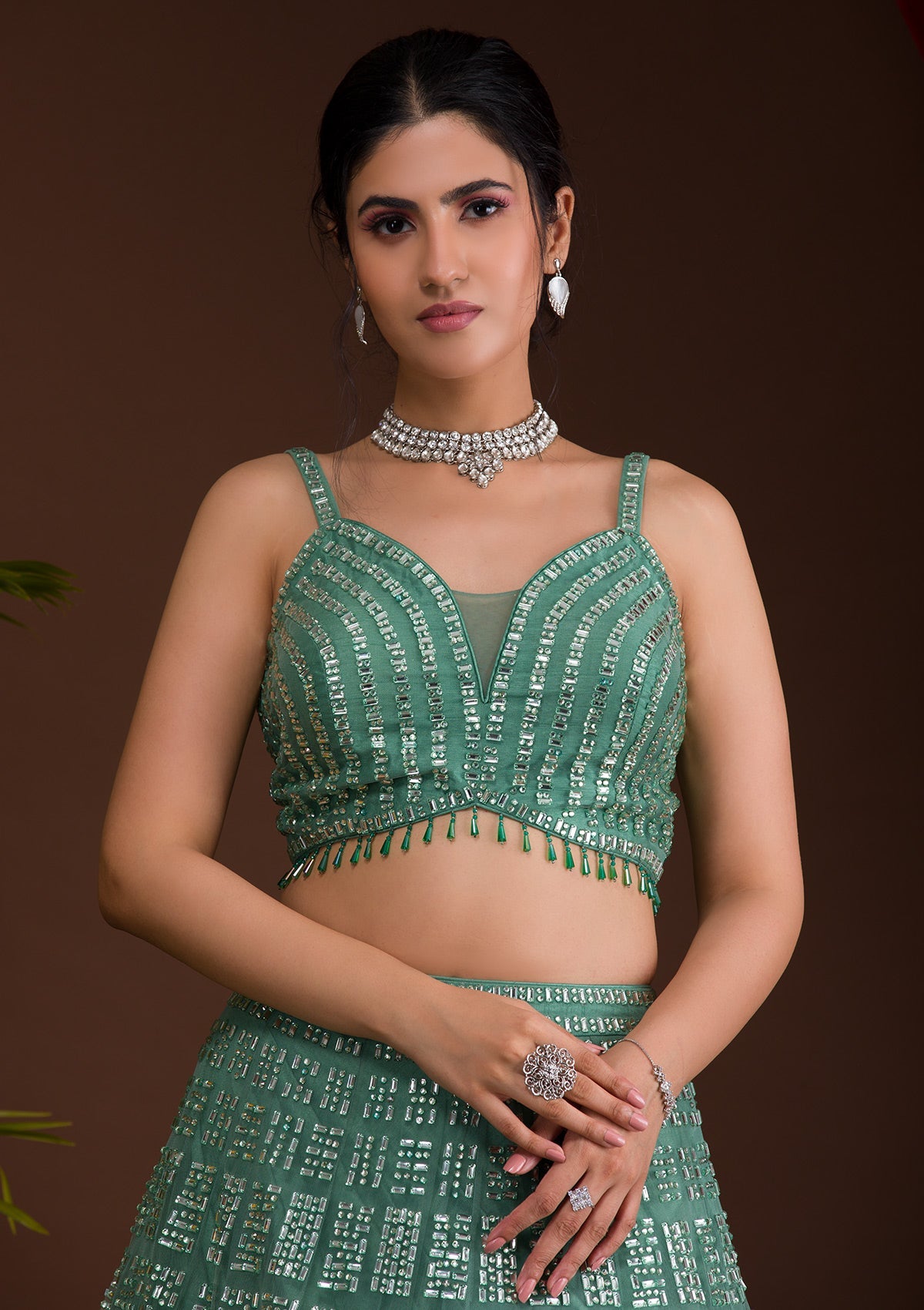 Sea Green Stonework Net Readymade Lehenga-Koskii