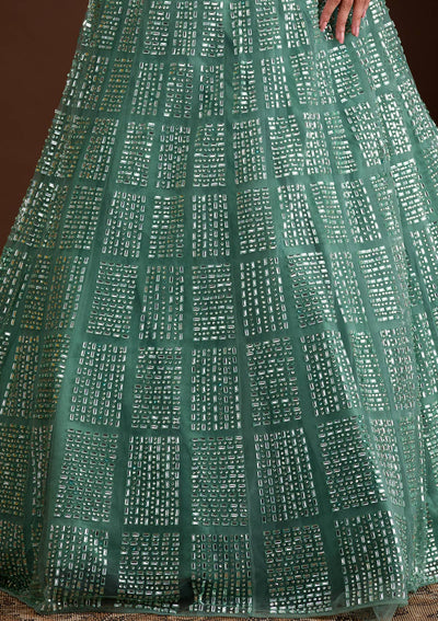 Sea Green Stonework Net Readymade Lehenga-Koskii