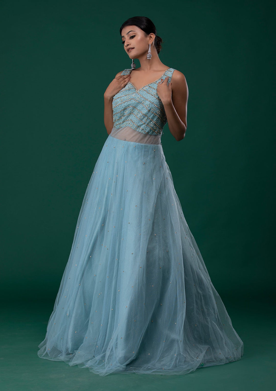 Sea Green Stonework Net Designer Gown-Koskii